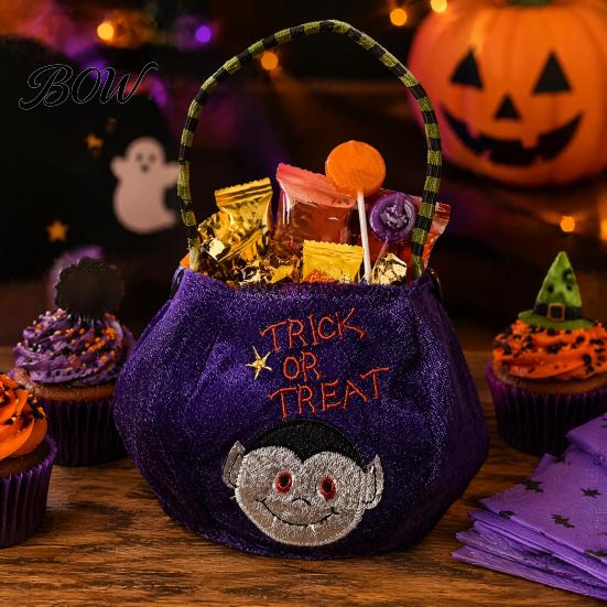 Festival Candy Pouches Halloween Trick or Treat Pumpkin Bucket, Reusable Velvet Bag, Durable Storage Bags Snack Tote Bag with Handle for Party Favors