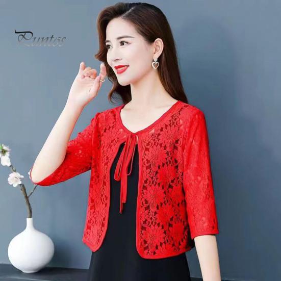 Women Fall Spring Coat Lace-up Floral Embroidery Solid Color Shawl Three Quarter Sleeves Loose Hollow Out Lace Round Neck Short Type Sun Protection