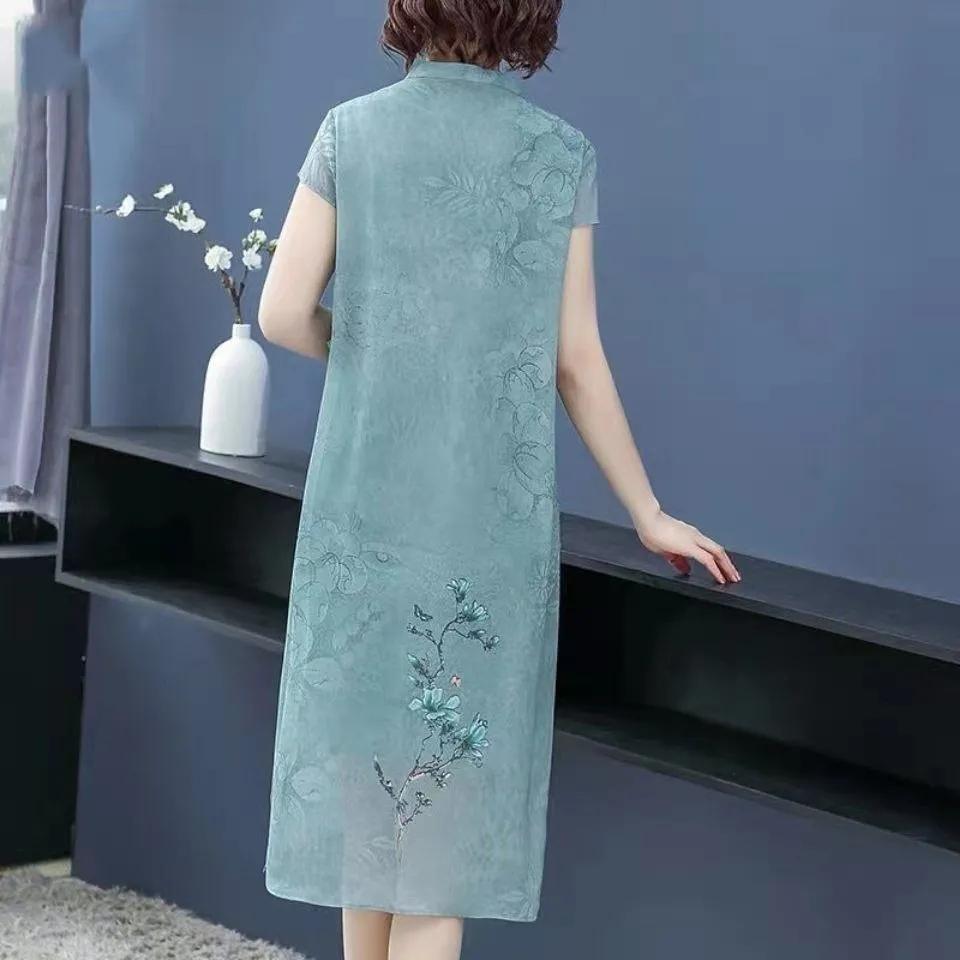 Šaty Nová široká manželka Cheongsam Dámske letné šaty stredného veku Dlhé šaty Qipao