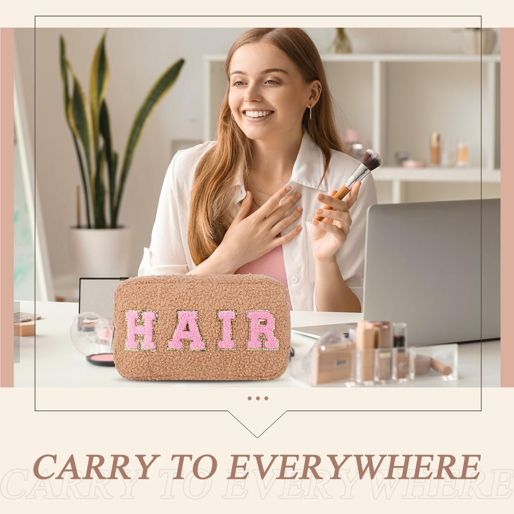 Preppy Makeup Bag Chenille Letter Fluffy Cosmetic Storage Pouch Fuzzy  Travel Toiletry Bag Gift for Women and Girls