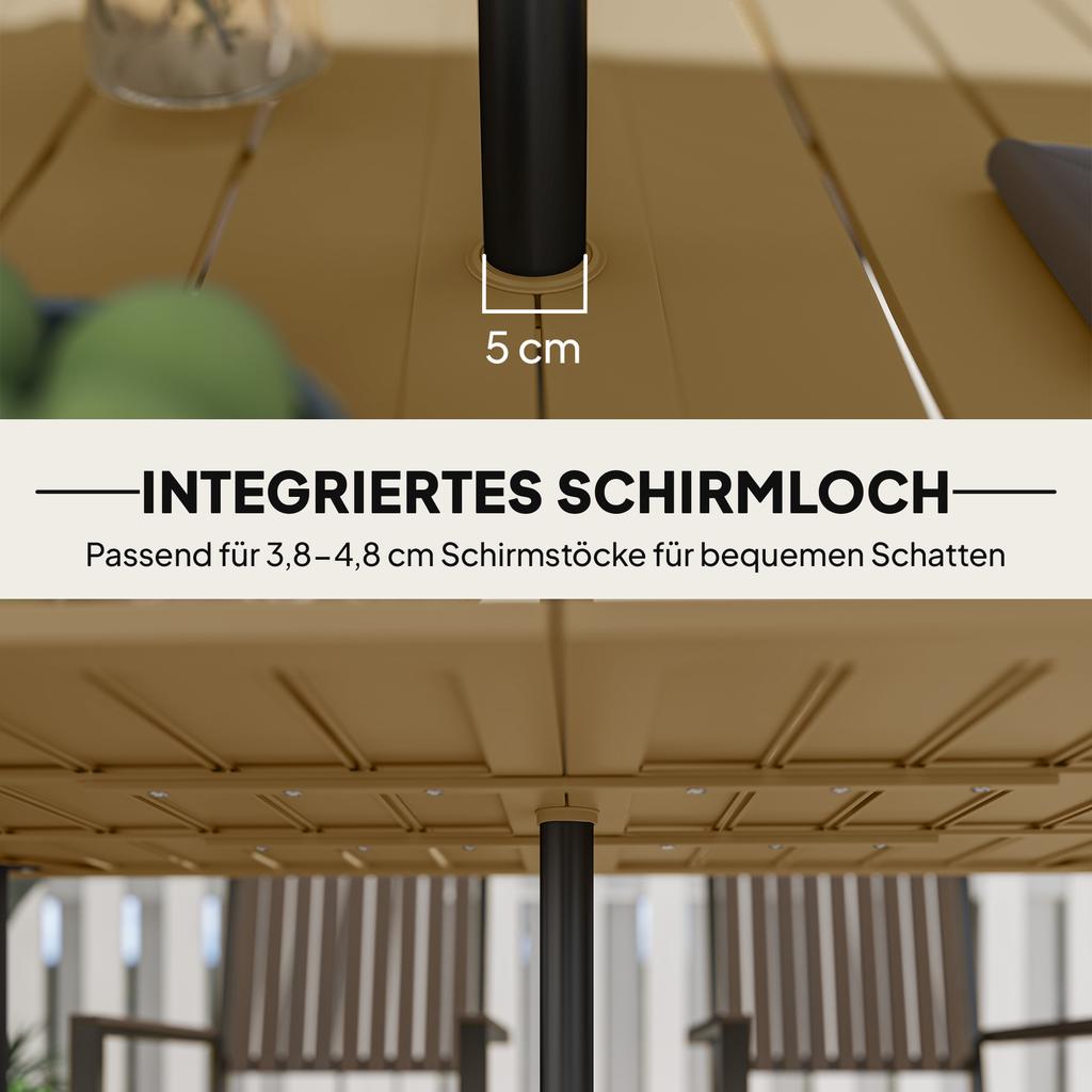 Garden Dining Table, 150 X 90 Cm Rectangle Outdoor Table with 5 Cm Parasol Hole, Slatted Tabletop and Steel Frame for Patio Balcony