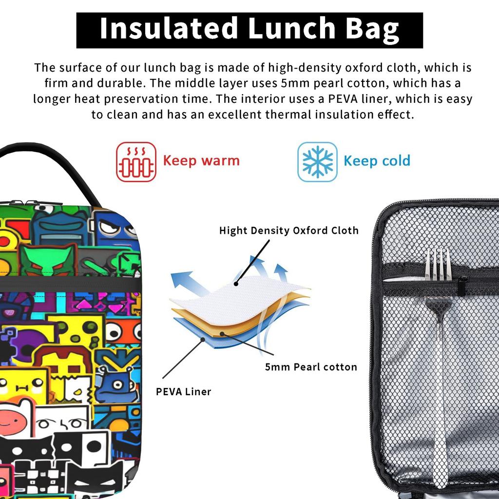 Insulated Lunch Bag Geometry Cube Game Merch Lunch Food Box Harajuku Thermal Cooler Bento Box For School
