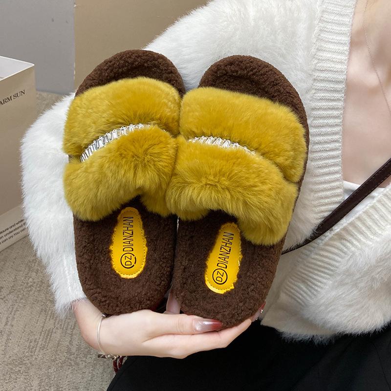 Rhinestone Lamb Wool Slippers Women's 2025 Autumn and Winter New Fashionable Versatile Muffin Thick Bottom Outer Wear One-word Cotton Mop