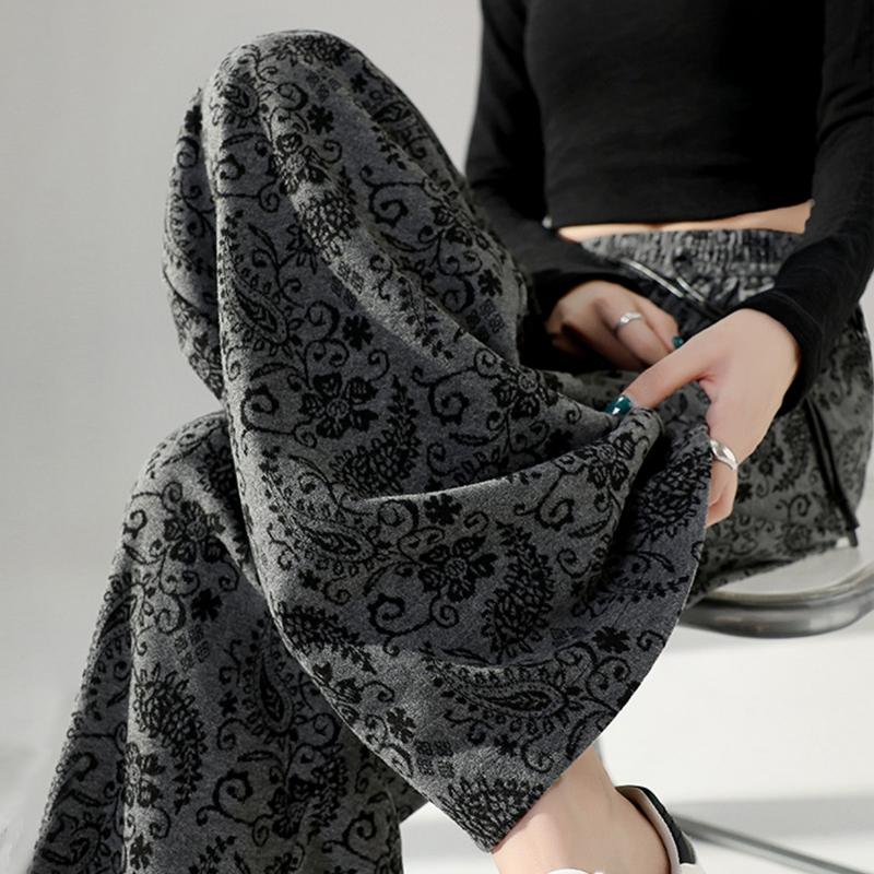 New Spring Autumn Retro Jacquard Casual Wide-leg Pants Women in Autumn High Waist Loose Elastic Waist Straight Pants