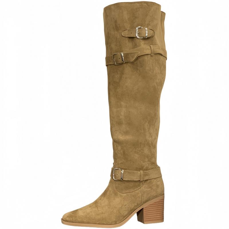 Big tube circumference boots women 2025 autumn and winter suede babes but knee boots pointed thick heel heap boots women