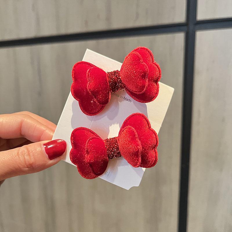 Red New Year Pearl Tassel Pompon Hair Clips for Children - Hanfu Style