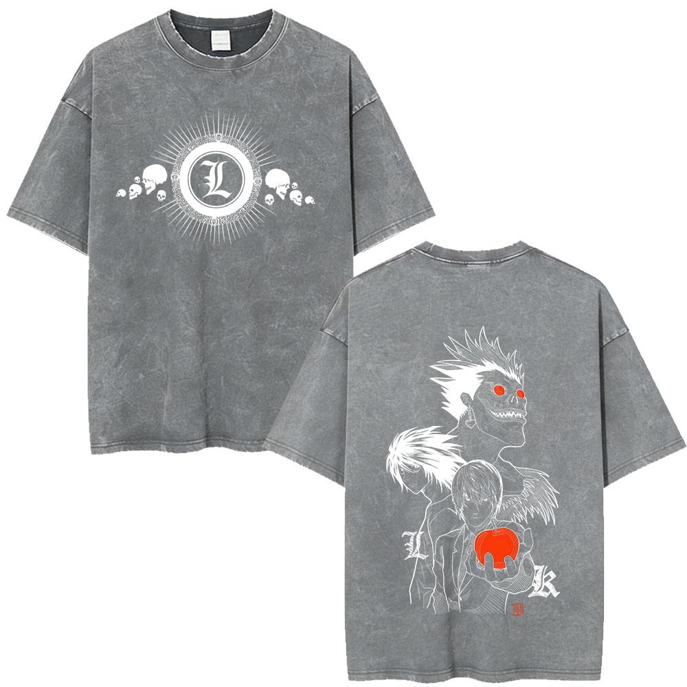 Anime Death Note Ryuk Yagami Light Vintage gewaschenes T-Shirt Herrenbekleidung Baumwoll-T-Shirt Mode Kurzarm-T-Shirts Streetwear