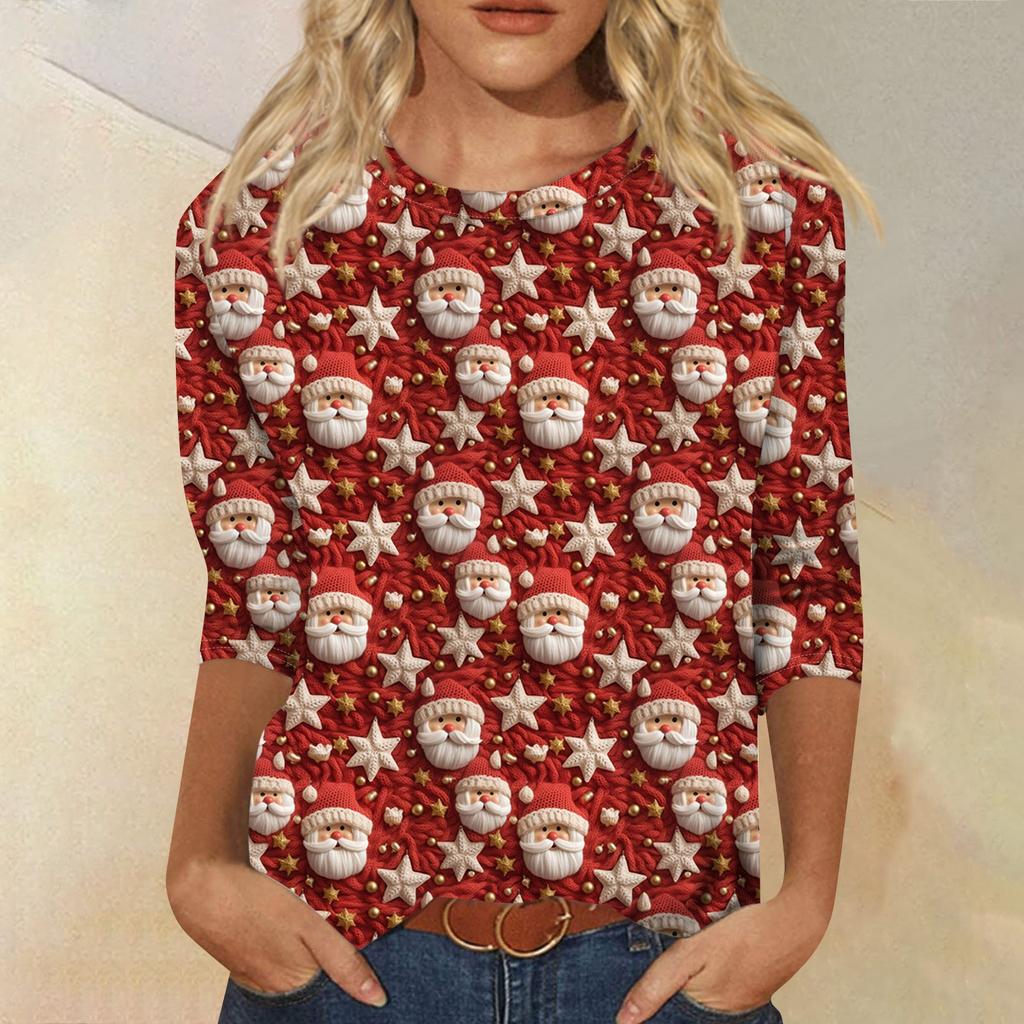 Dámská móda ležérní tričko s kulatým výstřihem, 3/4 rukávem, volným potištěným tričkem, dámský top