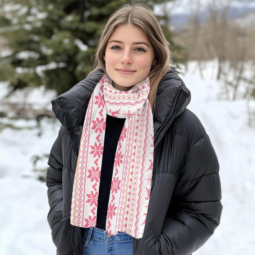 Pink Fleece-Lined Christmas Pattern Scarf for Girls