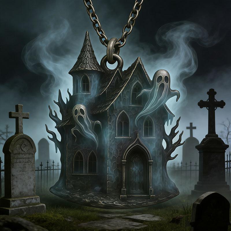 Retro Gothic Ghost Castle Pendant Necklace Style Halloween Accessories Necklace