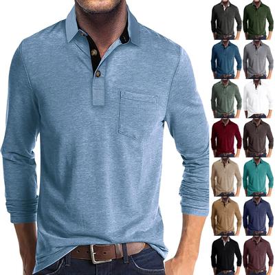 Men's Spring And Solid Color T-shirt Lapel 3 Button Open Placket Button Long Sleeved Top