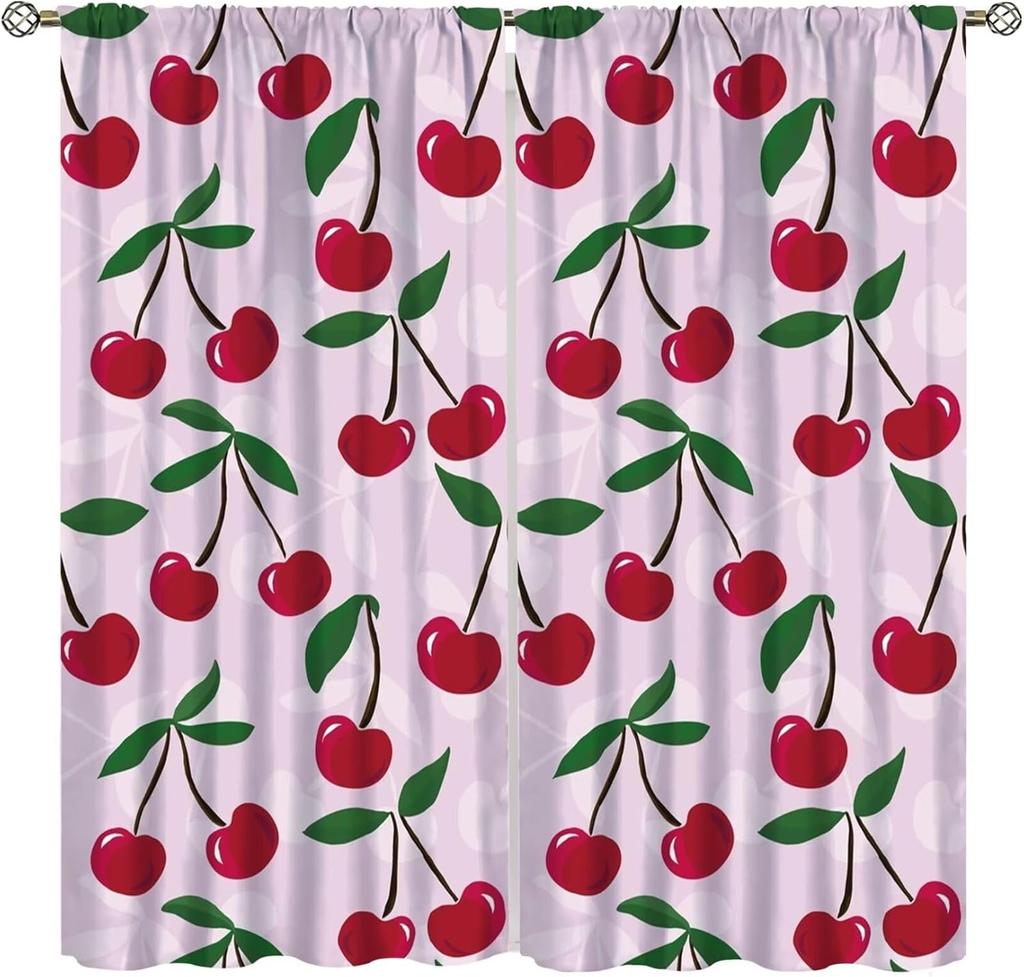 Fruit Window Curtains,Pink Cute Strawberry Green Leaves Flower Retro Art Print Window Drapes for Kids Girls Bedroom Living Room