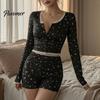 Long Sleeve Pajama Top Women Sexy Lace Trim Floral Set, V Neck Cozy Party Outfit And High Waist Shorts, Two Piece Sleepwear for Home Leisure