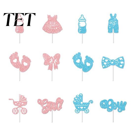 Decorative Picks for Dessert 12Pcs Boy Girl Birthday Cake Toppers, Baby Themed Cupcake with First Decor Bottle, Stroller, Bow, Suit, Glitter Cardboard