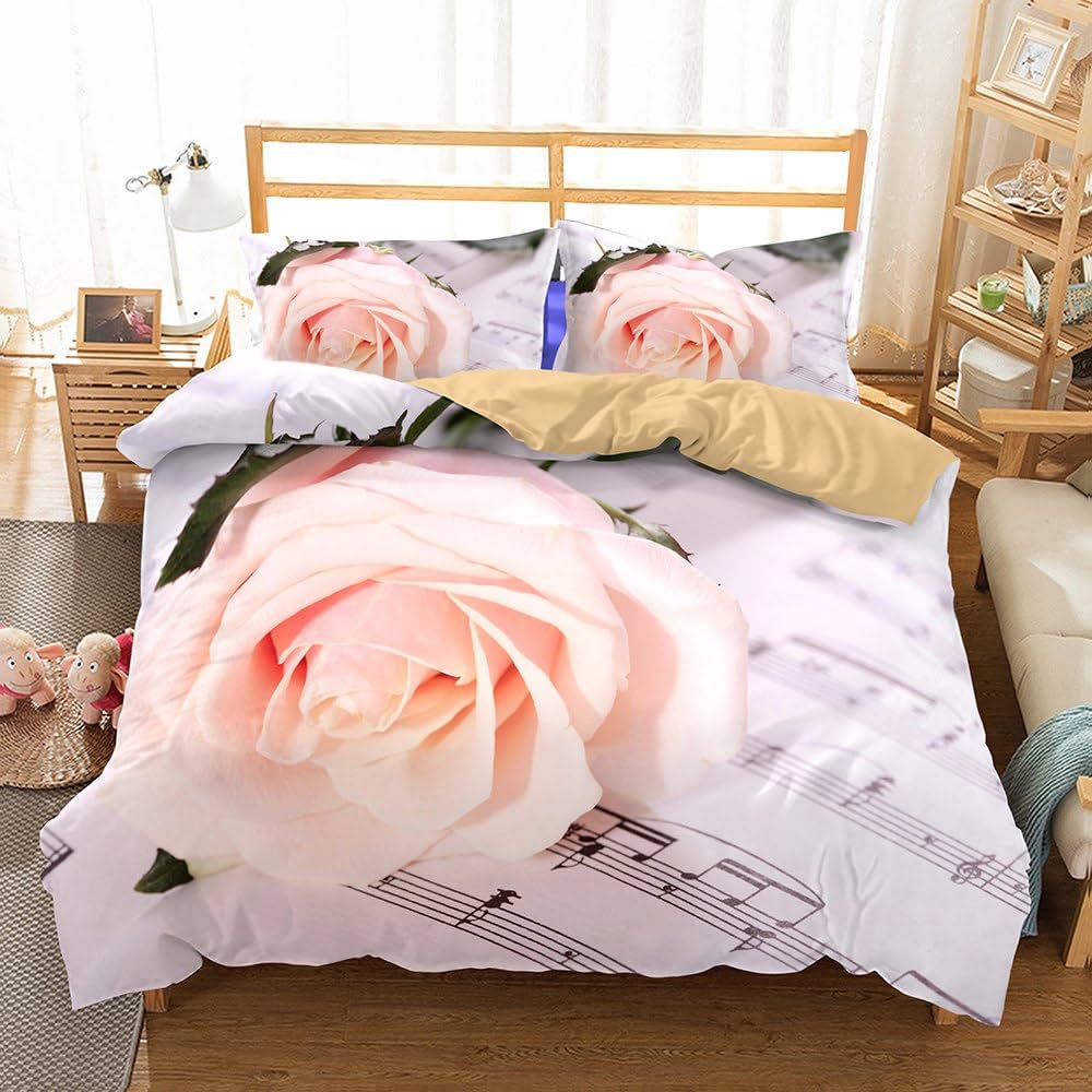 Rose Duvet Cover QueenRomantic Floral Bedding Set for Girls CoupleBlossom Flowers Quilt Cover Valentine's Day Bedspread Cover