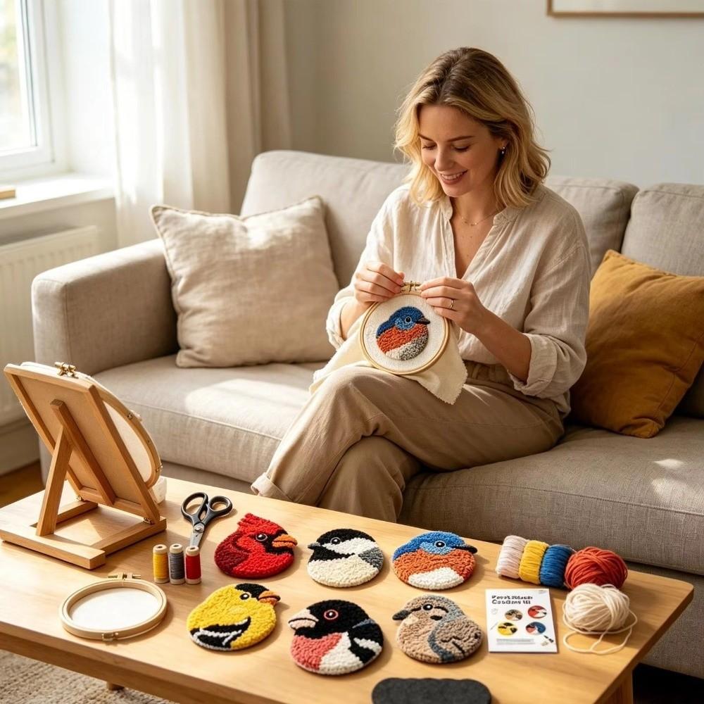 Soft Bird Coasters Punch Needle Kit Handmade Bird Coaster Kit Embroidery Coaster Kit for Beginners
