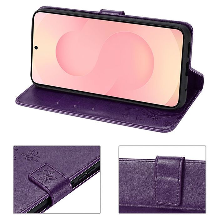 Coque de Protection - BOOLING - pour Samsung Galaxy S25 FE - Effet Cuir Motif Relief Papillon Violet Nuit