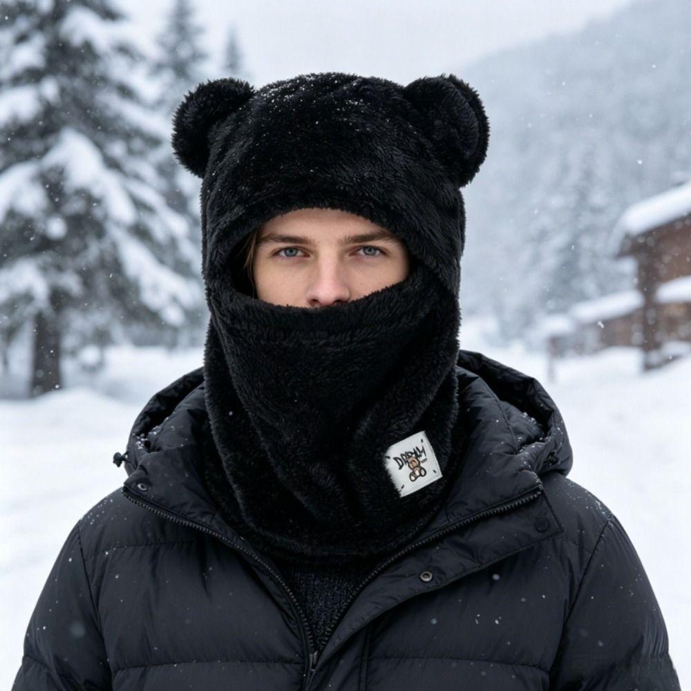 Windproof Cute Bear Cap Scarf Set Plush Ear Protection Hat Fashion Pullover Cap Women Girls
