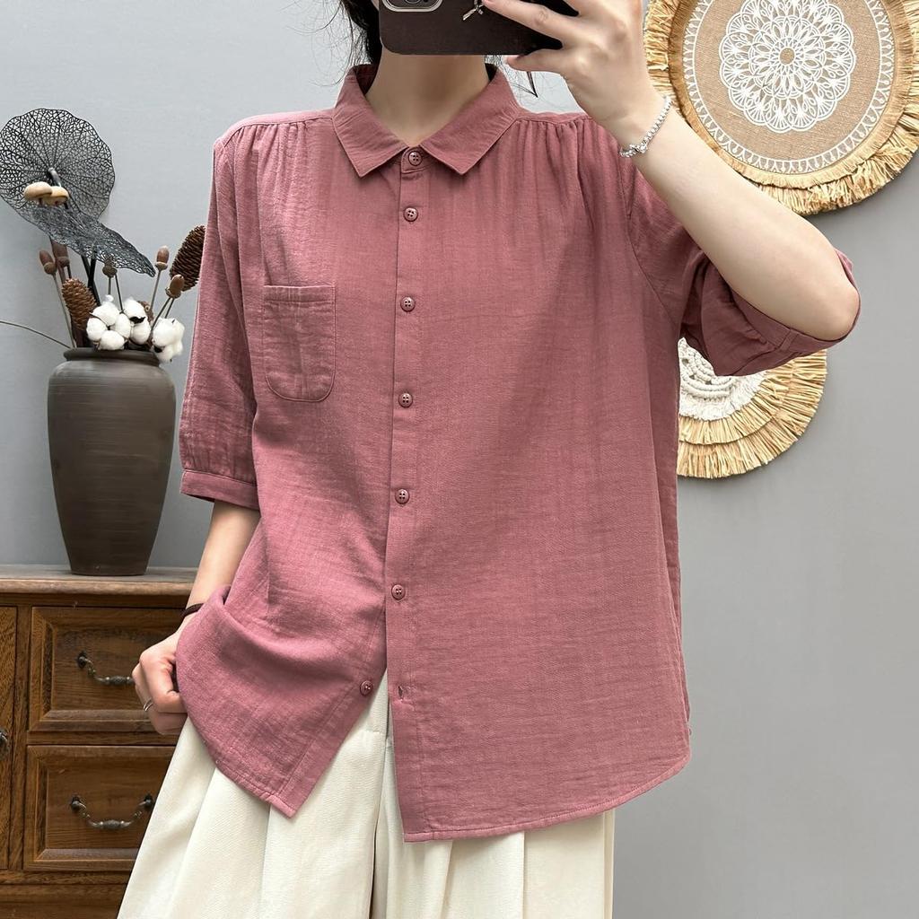 Double Gauze Gauze Short Striped Commuting [Hanmall] Shirt, 100% Cotton, Shirt, Blouse, Women's, Shirt, Sleeve, Top, Summer, Cotton, Casual, Simple,