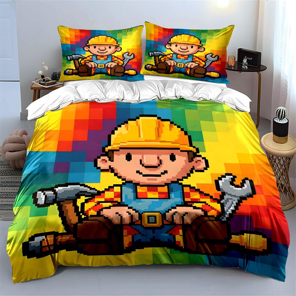 Colorful Pixel Art Builder Bedding Duvet Cover Set (1*Duvet Cover 2*Pillowcases, Without Duvet Insert)