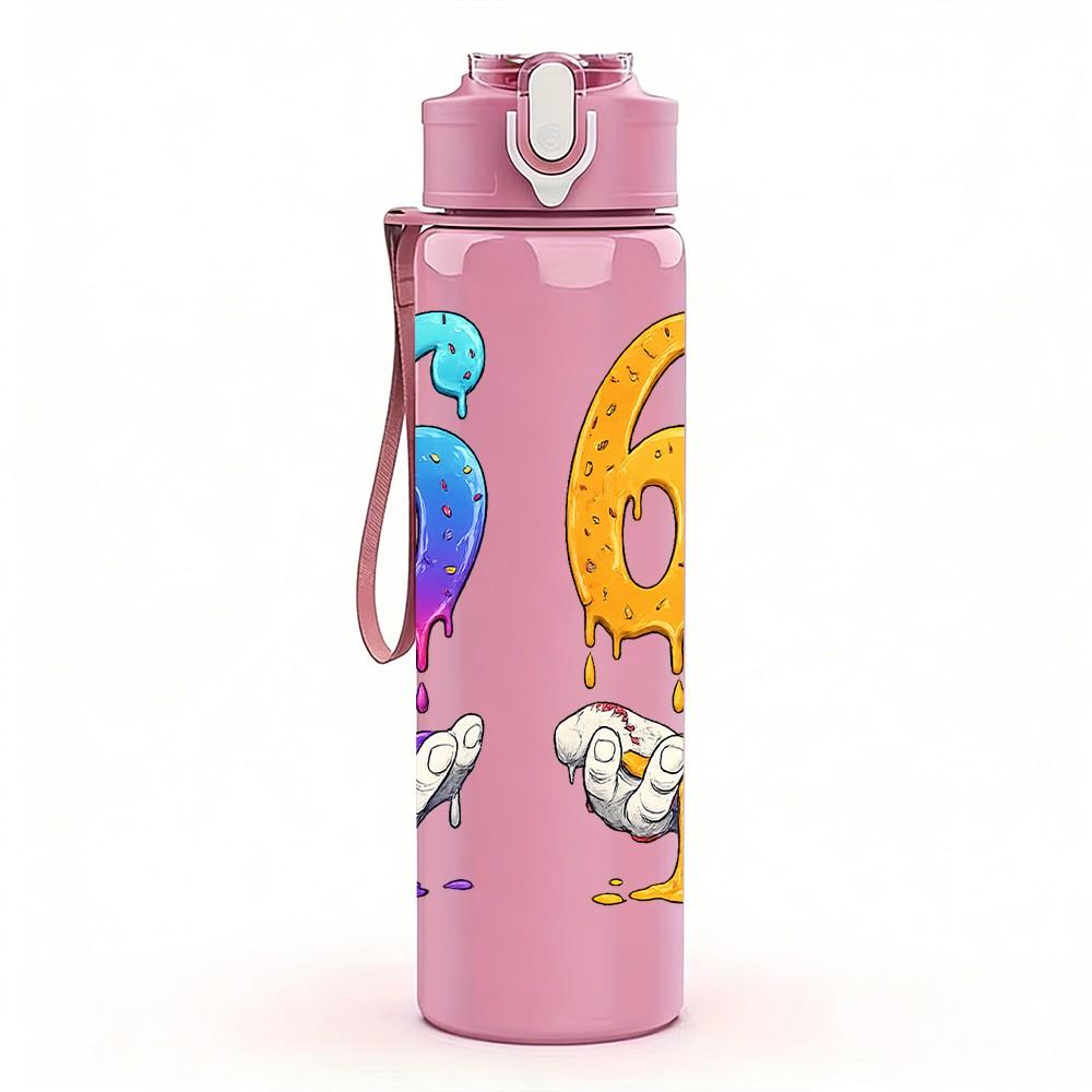 1PC 66 67 Drip Graffiti Number Print 750ml Color Plastic Sports Water Bottle Leakproof Flip Straw Lid Suitable for Sports Office Home Use