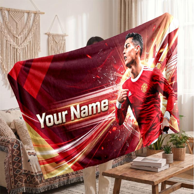 Cristiano Ronaldo Personalized Fleece Blanket With Football Logo, Custom Name Text Soft Warm Home Throw Blanket