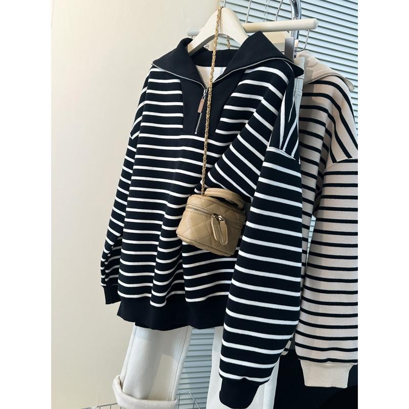 

Real shot silver fox velvet half zipper lapel pullover striped sweater women s large size autumn and winter thin coat 2XL