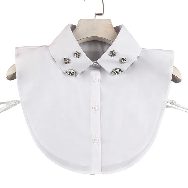 Vintage Beads False Collar for Womens White Solid Cotton/Chiffon Female Detachable Collar Lapel Ladies Decoration Blouse Top