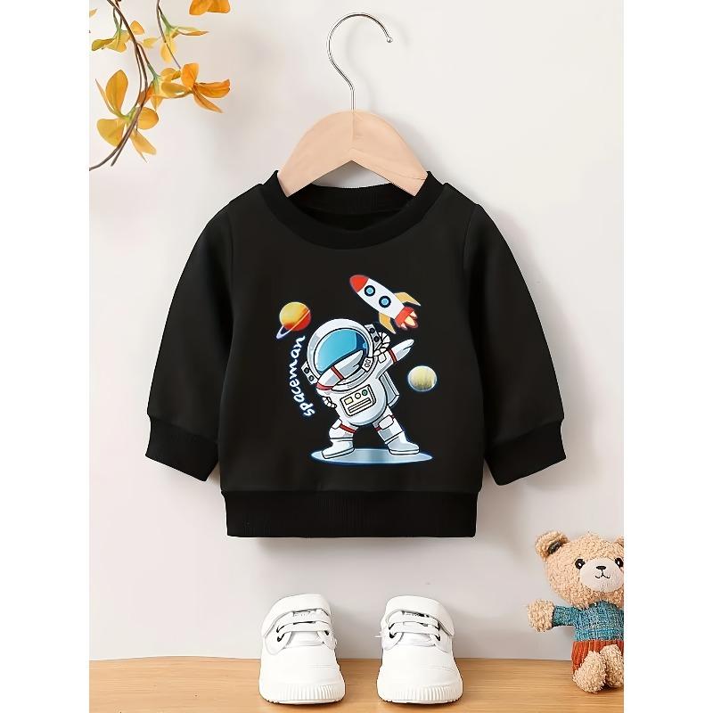 European sizes Single-Piece Kids' Crewneck Sweatshirt with Trendy Cool Astronaut Print, Casual Sportswear Top for Autumn and Winter