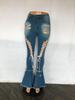 Pantaloni di Jeans a Zampa Vita Media Retro Strappati con Occhielli e Fasce Europei & Americani