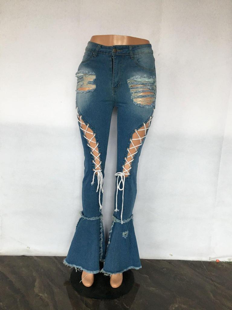 Pantaloni di Jeans a Zampa Vita Media Retro Strappati con Occhielli e Fasce Europei & Americani