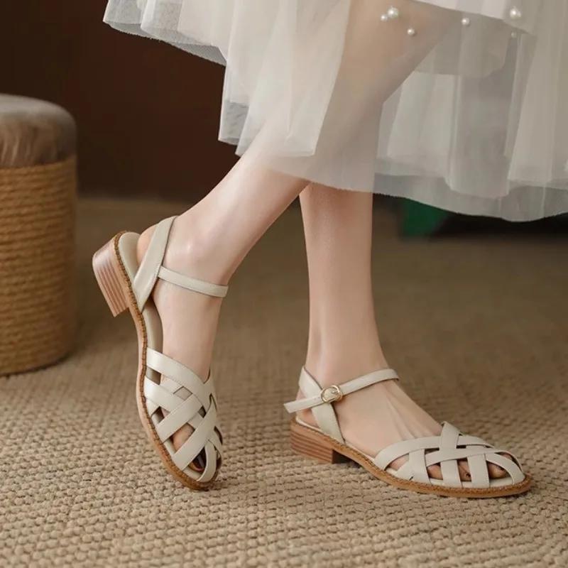 Fashion 2024 High Quality Shoes Female Summer Women's Sandals One-word Buckle Closed Toe Solid Chunky Heels Dress Daily Sandals Women