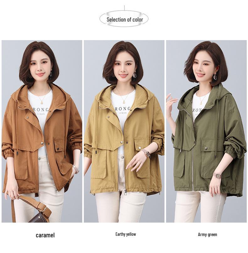 Stylish 2024 Women's Pure Cotton Hooded Jacket – Loose Fit, Plus Size, Casual Short Trench for Middle-Aged Moms
