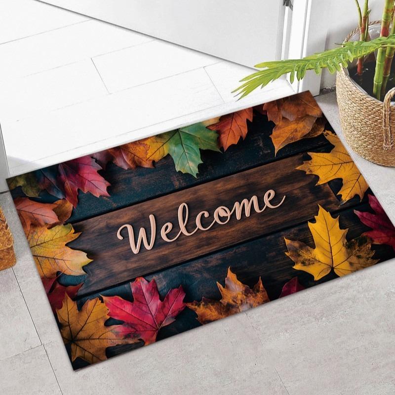 Retro Welcome Plank Maple Leaf Print Carpet Party Living Room Sofa Bedroom Bedside Study Entrance Door Rug Non-slip Decor Mat