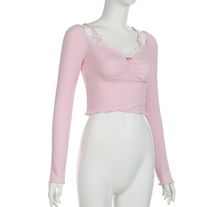 Γυναικείο T-shirt με τετράγωνο λαιμό με φιόγκο με μακρυμάνικο πλισέ