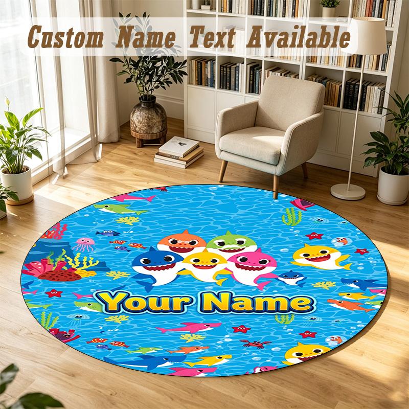 Round Rug Custom NameBaby Shark Pattern Non Slip Carpet Home Floor Decor
