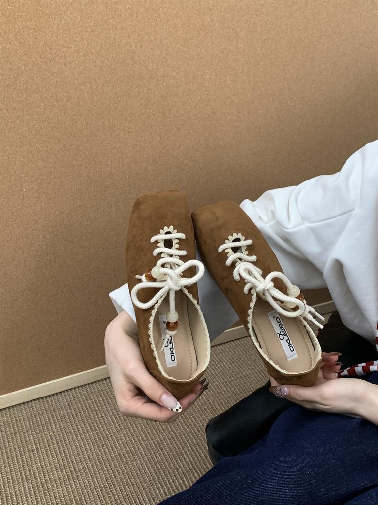 Korean version of retro square head flat-soled single shoes women's shoes 2025 autumn new versatile lace-up Mary Jane casual shoes