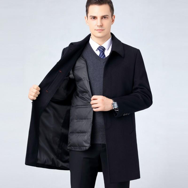 

Высококачественное шерстяное пальто мужское зимнее с отворотом из чистого кашемира ручной работы средней длины большого размера с пуховой подкладкой теплое толстое пальто 195