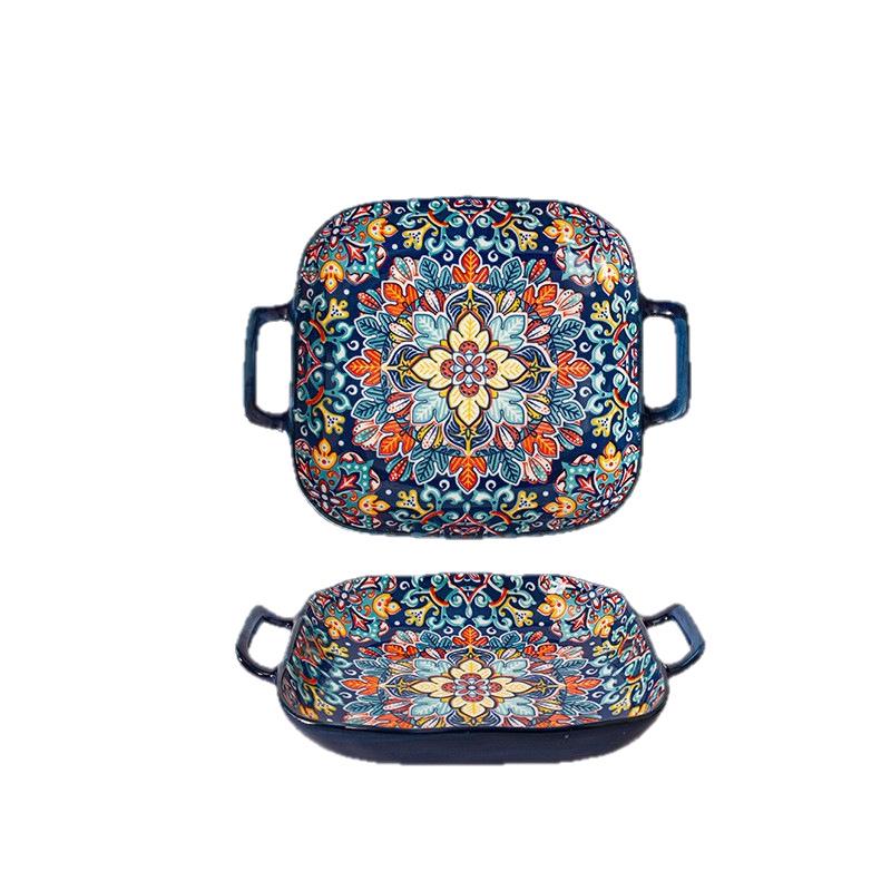 Bohemian Čtvercový keramický jídelní talíř se dvěma uchy - Kreativní, Trendy miska na ovoce