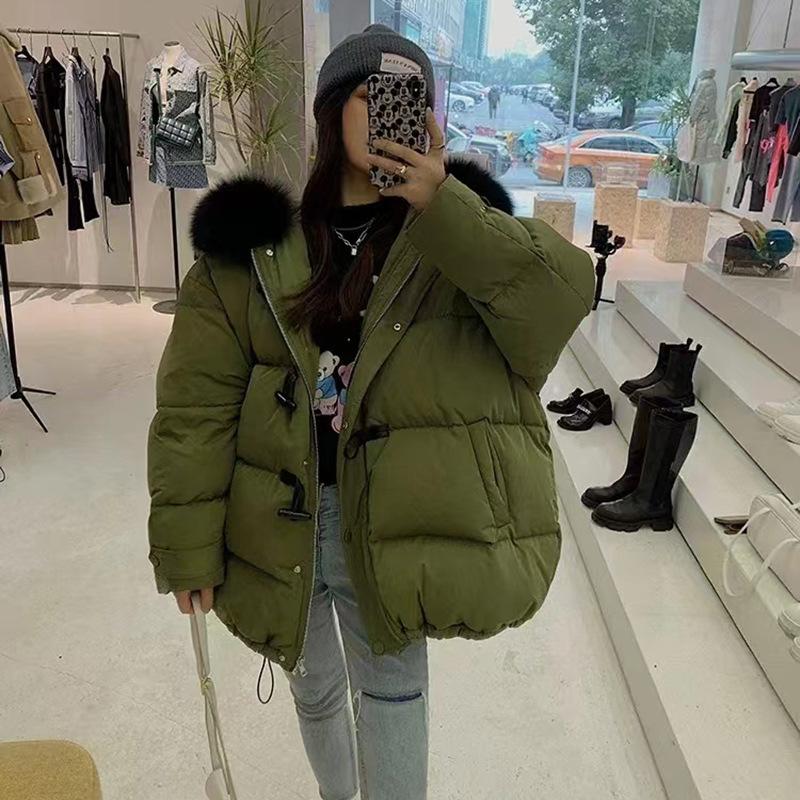 

Женский пуховик из белого утиного пуха с застежкой на роговые пуговицы, зимний, 2025, модный, с большим меховым воротником, теплый, куртка-пуховик S