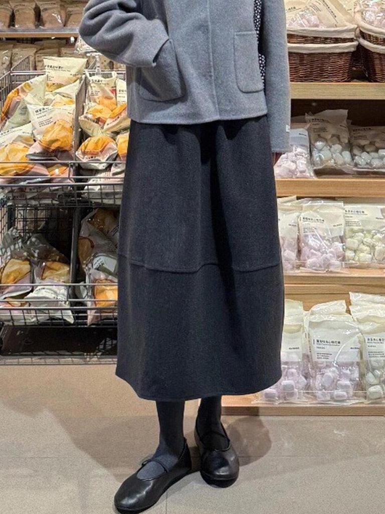 Women's Gray Woolen A-line Half Skirt with Plus Velvet Lining for Autumn/Winter 2025 - High Waist Mid-Length Slimming Design.