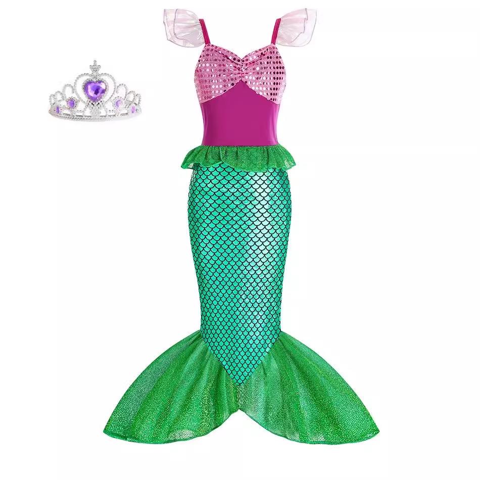 Little Girls Mermaid Sequin Wing Dress Princess Gown Stage Performance Costume