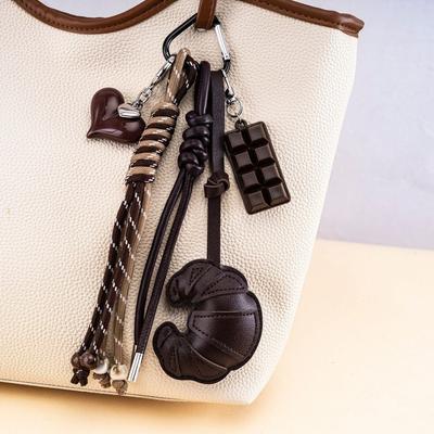 New Braided Rope Croissant Keychain Bread Shape Chocolate Mobile Phone Lanyard Heart Leather Bag Pendant Bag Decoration