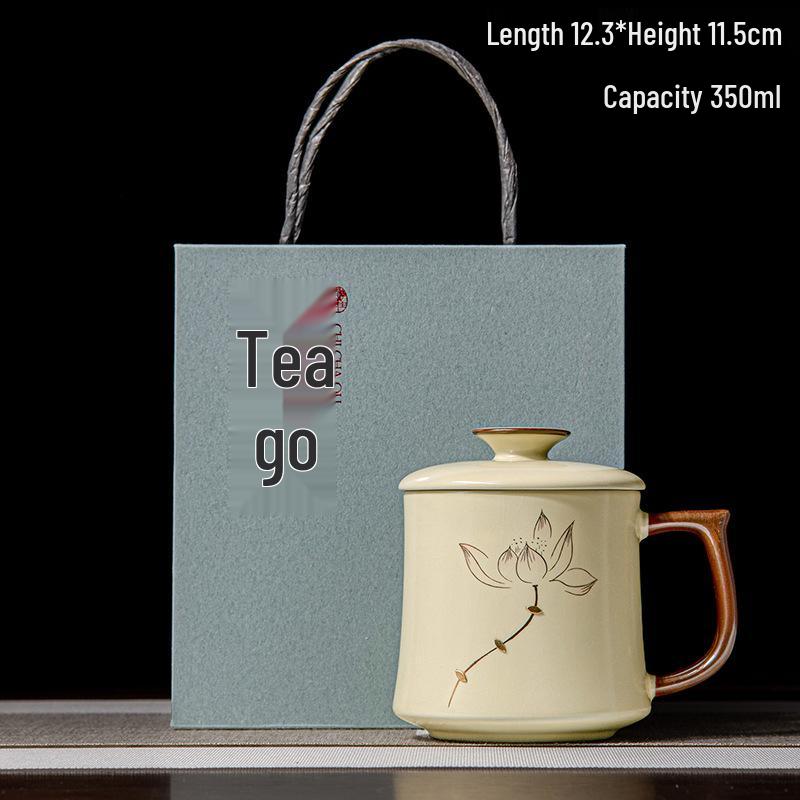 Kintsugi Lotus Ceramic Mug Gift Box Set - Chinese Ru Ware Office Tea & Water Mug Souvenir