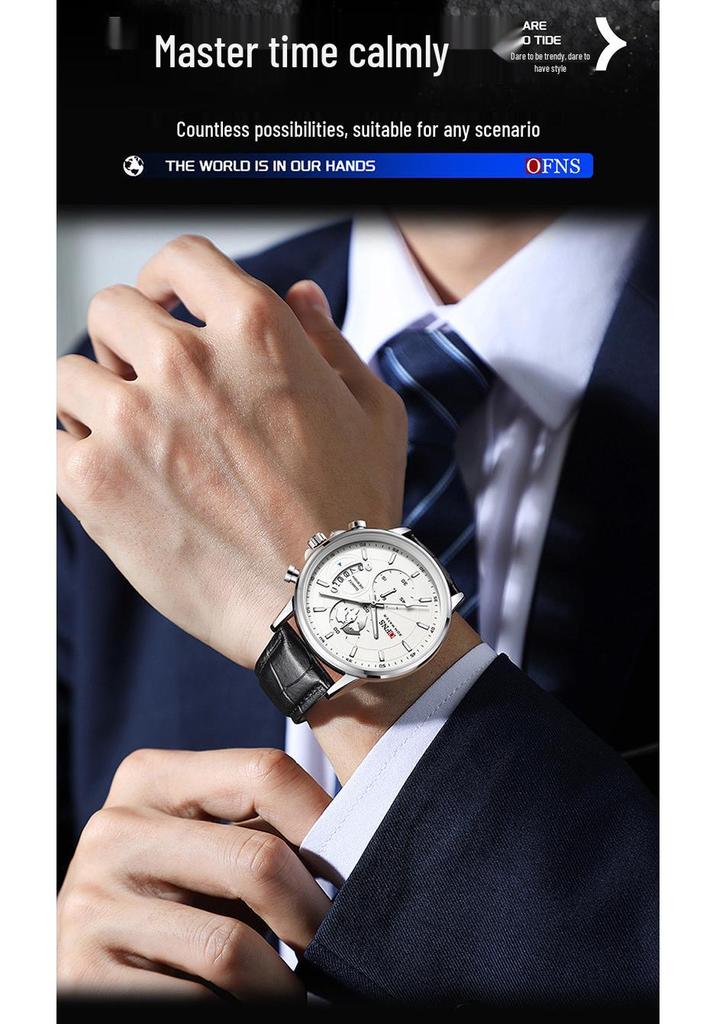 OFNS Men's Fashion Business Watch: Six-Hand Leather Strap, Waterproof with Calendar.