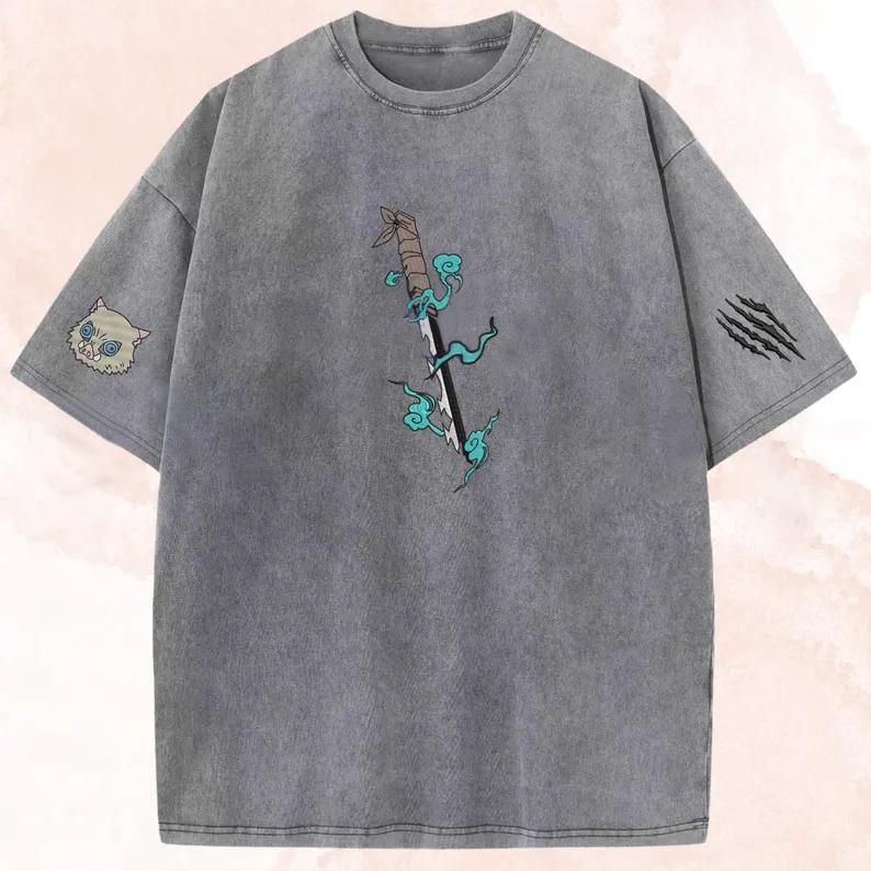 

Hot Anime Demon Slayer Hashibira Inosuke Graphic Tee Men Clothing Washed Cotton Tshirt Casual T-shirt Harajuku Vintage T Shirt S серый