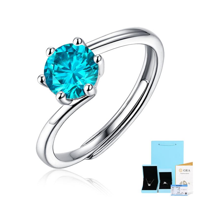 Bague Ringen S925 Silver Set 1ct Moissanite Luxury Round Bag Color Women's Six-prong Pink Adjustable Opening Ring