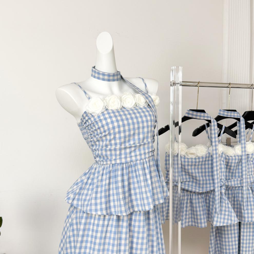 Women's Summer 2025 Floral Checkered Camisole & Irregular Midi Skirt Set