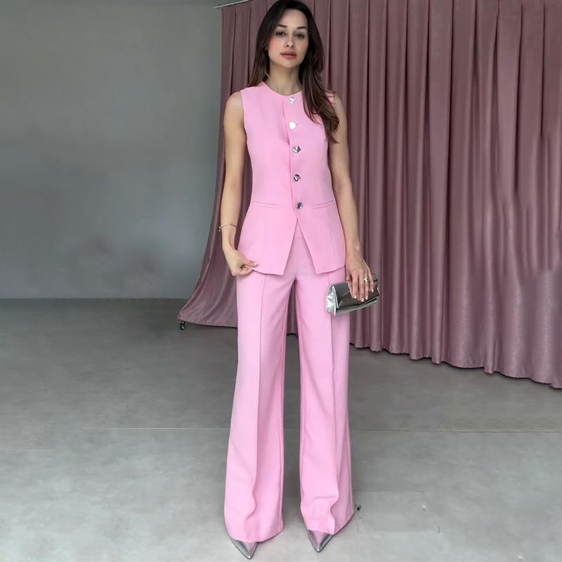 New Women's Sleeveless Solid Color Button Top and Straight Leg Pants Casual Set