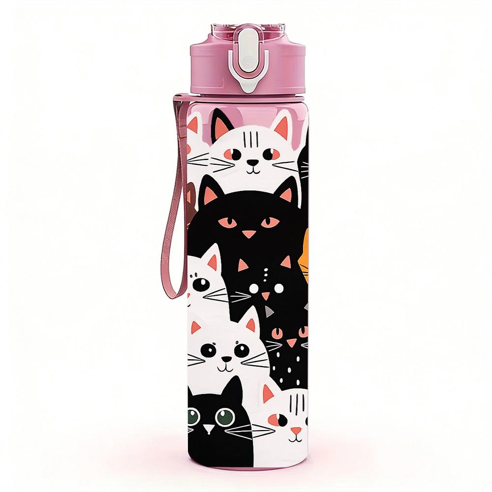 1PC Color Cat Kitten Cartoon Group Print 750ml Color Plastic Sports Water Bottle Leakproof Flip Straw Lid Suitable for Sports Office Home Use